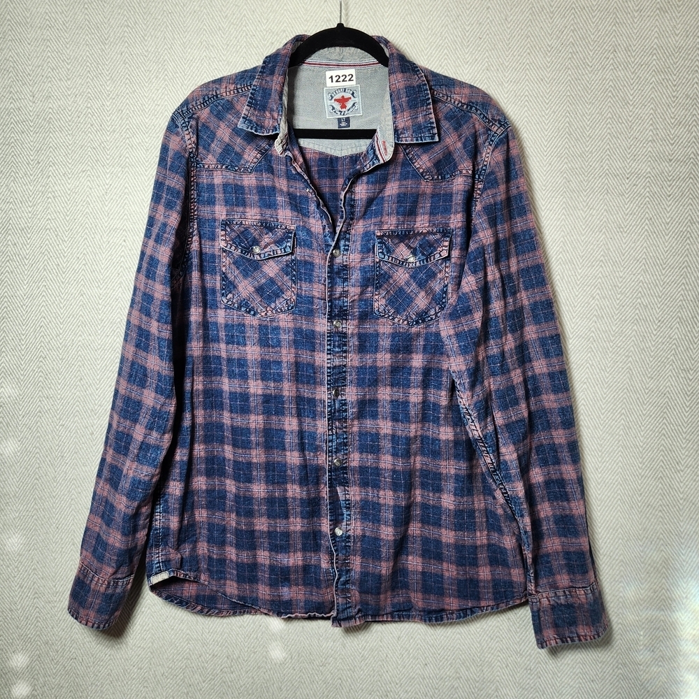 Desert Son Flag & Anthem Men's LT Casual Button Down Blue Plaid Pearl Snap Shirt